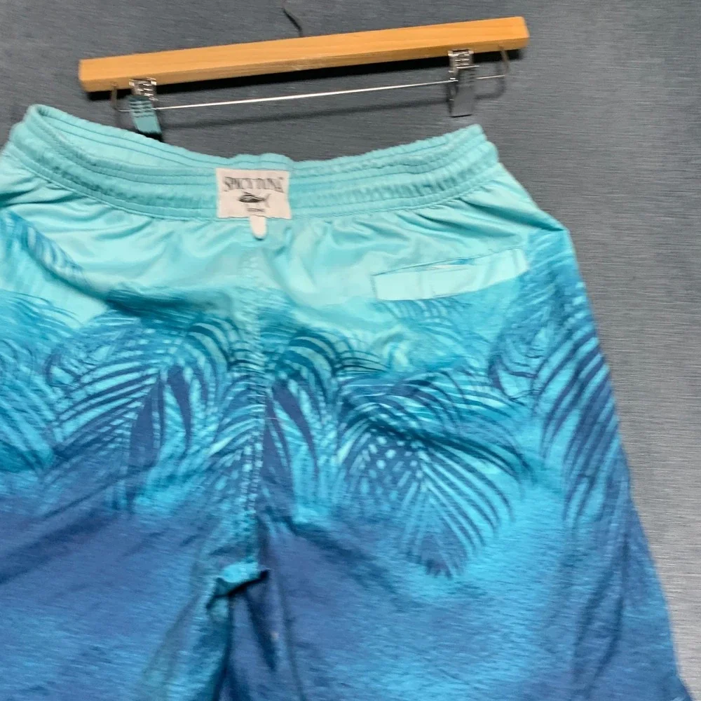 Spicy Tuna Gradient Swim Shorts Mens Medium Blue Tropical Palm Leaf Beach Wear